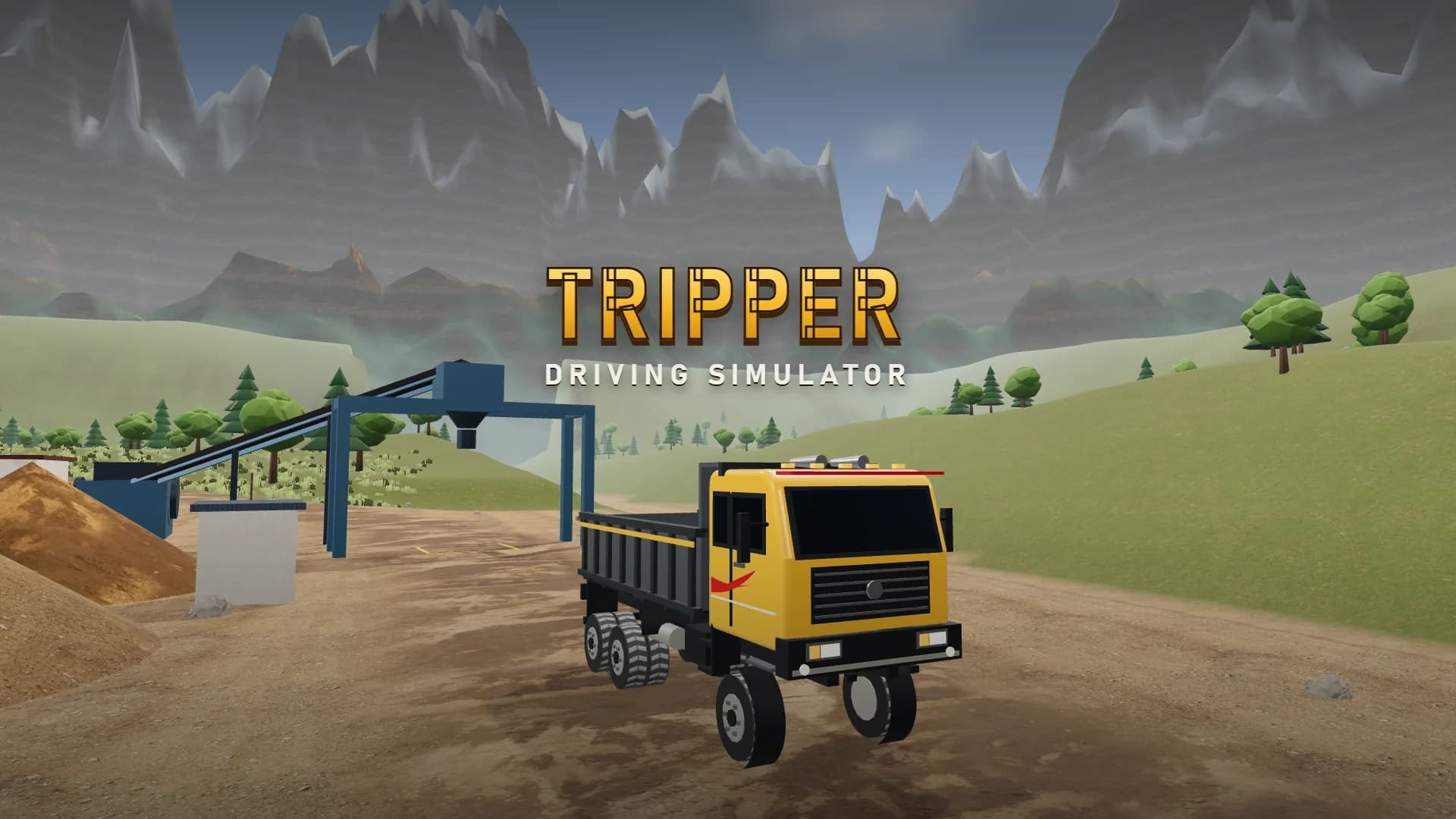 Tripper Driving Simulator cover: a yellow tipper truck at a quarry beneath mountain peaks.
